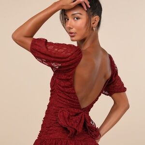 Lulus Darling Persuasion Burgundy Lace Puff Sleeve Tiered Mini Dress - Size XL